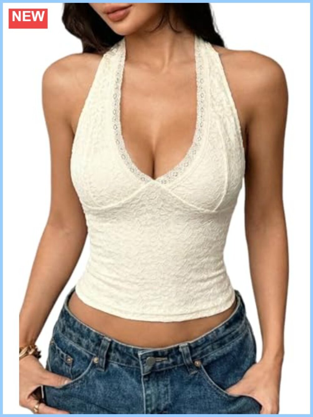 Lace Halter Top V-Neck Tie Back Double-Layer Tank Top Backless Sleeveless
